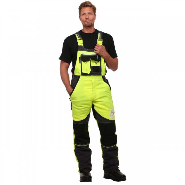 Schnittschutzlatzhose WOODSafe® Klasse 2 gelb/grau
