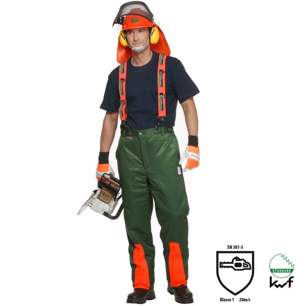 Schnittschutzhose WOODSafe® mit Hosenträgern grün/orange